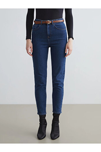 LC Waikiki Lcw Jeans Indigo Mom Fit Women's Jean Trousers with Belt