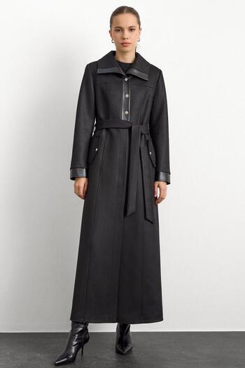 Olcay Gabardine Suede Topcoat with Leather and Snap Accessories Black 6793