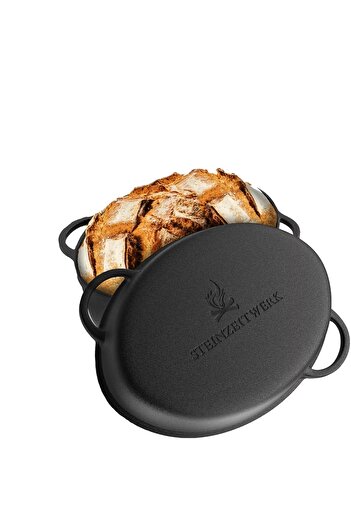 STEINZEITWERK par Excellence Cast iron pot with lid, 6 l, 2in1, for oven, hob, gas, electric, induction, oval, 35x25x17 cm, Black