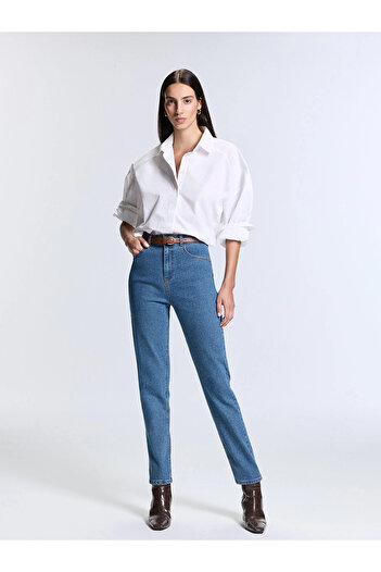 LC Waikiki Lcw Jeans Indigo Mom Fit Women's Jean Trousers with Belt