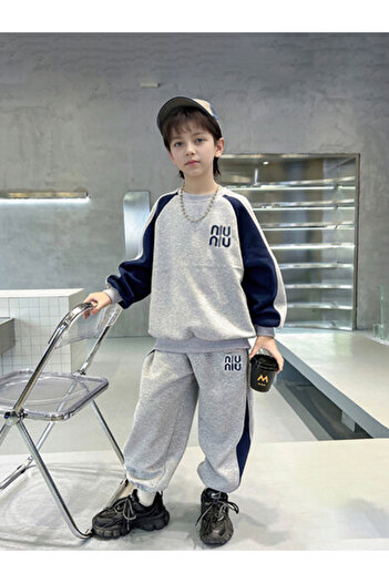 Take Two By Styli Teens Grey Color Block Sweatshirt and Joggers Set