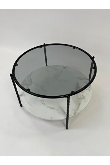 Living 2-tier table with glass and wood in a marble style, 45 * 70 cm