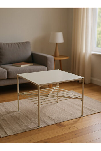 Living Square white iron table with 2 shelves, 60 * 53 cm