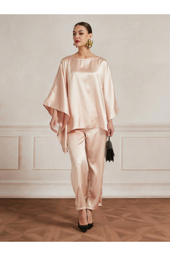 Take Two By Styli Pink Satin Asymmetric Top and Pants Co-Ords