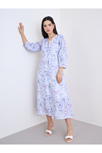 Styli Floral Print Buttoned A-Line Midi Dress