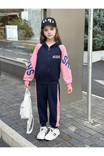 Take Two By Styli Girls Navy Color Block Hooded Jacket and Joggers Set