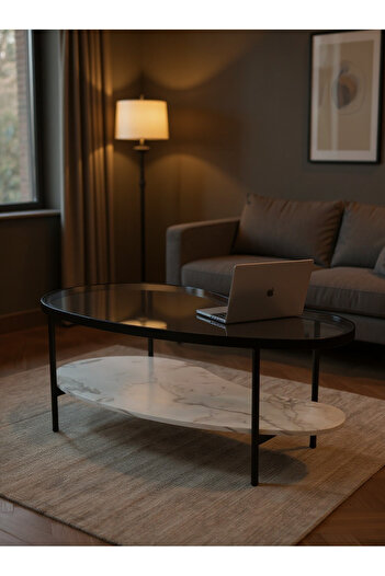 Living Wavy table with 2 layers of glass and wood with a marble finish, 108 * 40 cm
