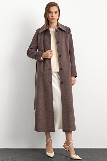 Olcay Shirt Collar Waist Tie Long Coat Latte 3152