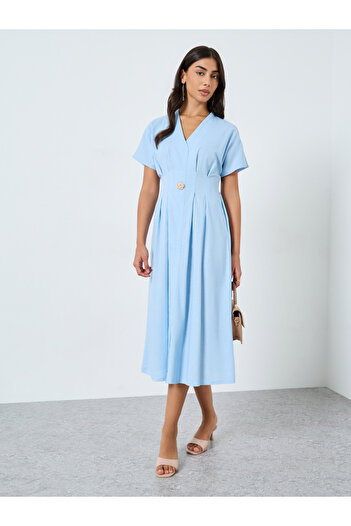 Take Two By Styli Blue Fold Pleated Midi Dress