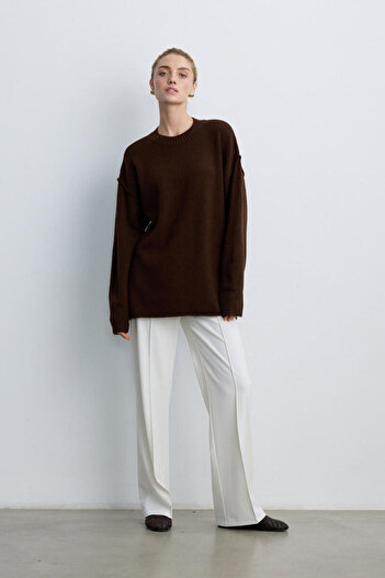 BE BLUE Brown Knitted Sweater with Stitch Detail