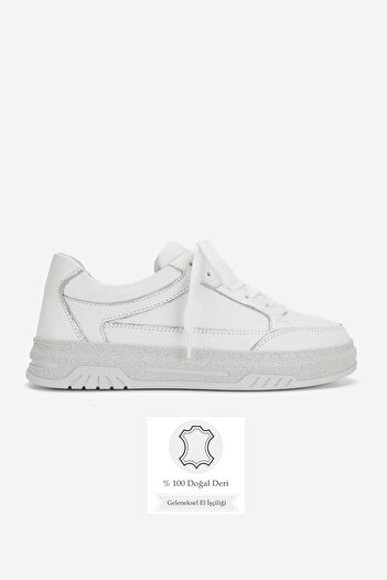 TUNAELLİ Women's White Genuine Natural Leather Size 36-41 Lace-Up Sneaker Shoes