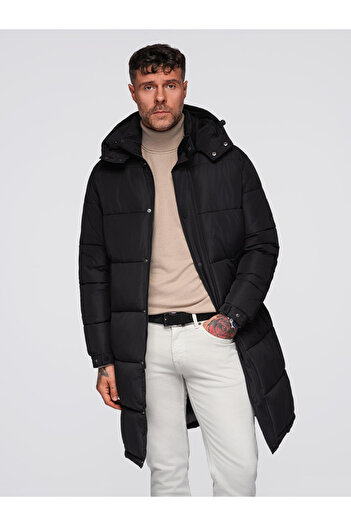 OMBRE Long Men's Winter Parka with Hood - Black V1 OM-JALJ-0309