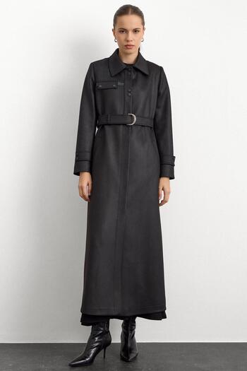 Olcay Shirt Collar Snap Fastener and Leather Detail Gabardine Suede Top Coat Black 6799