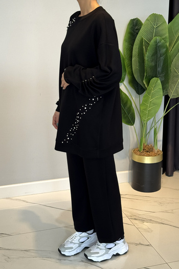 Lale Butik Stone Detailed Modal Suit 120304 Black