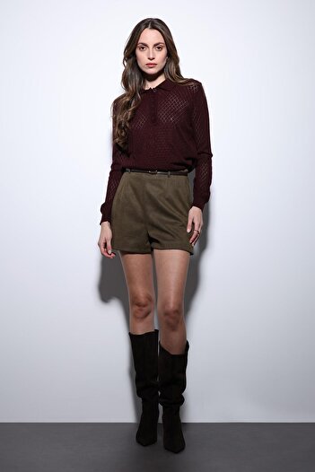 Antioch Burgundy Polo Neck Patterned Knitwear Women's Sweater