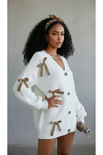 NİLZA Leopard Patterned Bow Detailed Buttoned Oversize Long Women's Cardigan