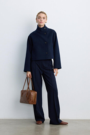 BE BLUE Dark Blue Stand-Up Collar Short Coat