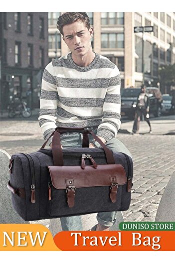Generic Expandable Waxed Canvas Genuine Leather Travel Duffel Bag - Weekender (Black)