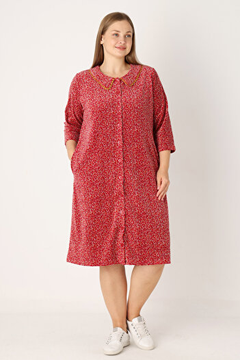 İntensive Floral Patterned Buttoned Waistband Pocketed Cotton Velvet Women's Plus Size Dress