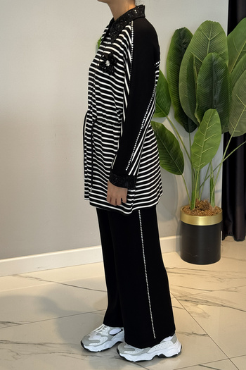 Lale Butik Stone Detailed Striped Modal Suit 72054 Black