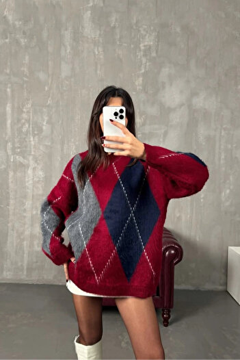 Eka Pulover de damă cu model Baklava bordeaux EKA-0080-0001