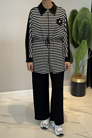 Lale Butik Stone Detailed Striped Modal Suit 72054 Black