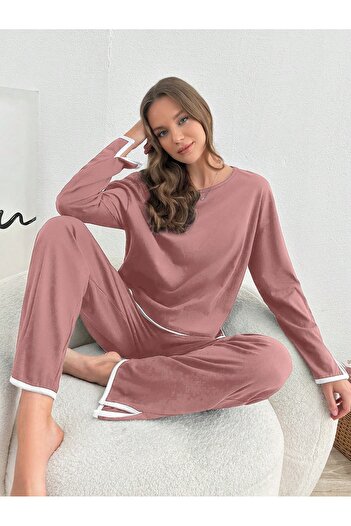BELLA NOTTE Gül Kurusu Beyaz Biyeli Uzun Kollu Pijama Takımı