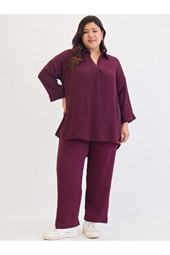 Femmella By Styli Plus Size Burgundy Longline Tunic and Pants Co-Ords