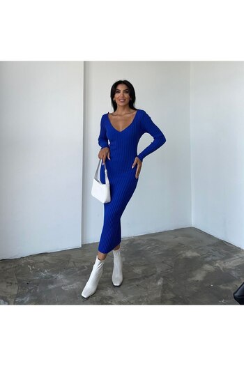 NİCE STYLE KADIN FİTİLLİ DESEN AÇİK YAKA TRİKO ELBİSE