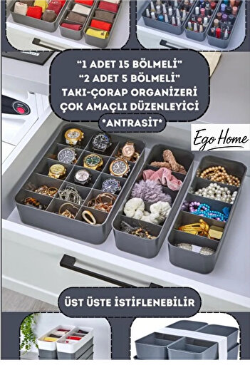 ego home 3-Piece Set of Divided Makeup and Jewelry Organizer, Bathroom Kitchen Organizer, 15-Compartment 1 Piece, 5-Compartment 2 Pieces Antrast