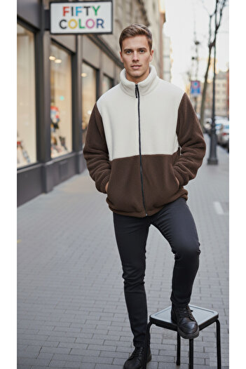 Fifty Color Premium Quality Color Block, Zipper Closure, Stand Collar, Sherpa, Fleece, Plush Jacket