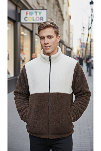 Fifty Color Premium Quality Color Block, Zipper Closure, Stand Collar, Sherpa, Fleece, Plush Jacket