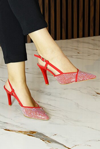 Erkan Saçmacı Sacha Exclusive Red Crepe Stone Open Back Pointed Toe Thin Heeled Evening Dress Shoes