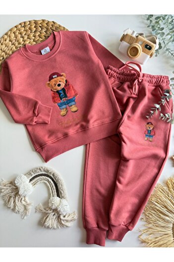Teeny Weeny Kids Unisex Children's Teddy Bear Printed Top and Bottom Tracksuit Set