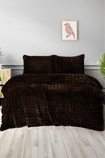 Çeyiz Diyarı Merinos Diamond Bubble Fur Double Comforter Set Brown