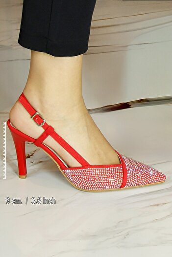 Erkan Saçmacı Sacha Exclusive Red Crepe Stone Open Back Pointed Toe Thin Heeled Evening Dress Shoes