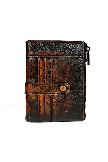 PriStyle Premium Men's Wallet - Genuine Leather, Vintage Look, Zipper, RFID Protection (Antique Brow