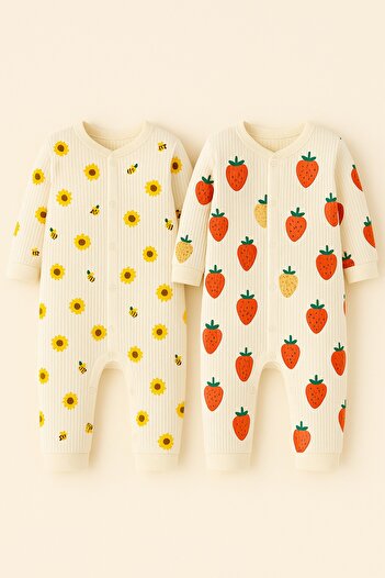 dinamik çocuk Baby Romper Set of 2 - (2 Rompers) Bee and Strawberry Printed Snap Fastener Romper Set 100% Cotton 1-3-6 Months