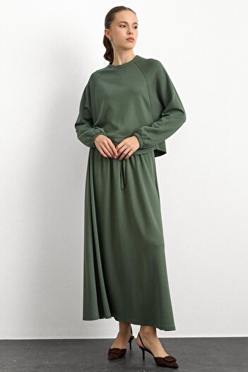 Olcay Crew Neck Knitted Sweat Skirt Set Khaki 9386-Tk