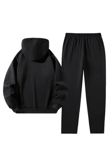 AEMİ Unisex Zippered Black Oversize Hooded Top and Bottom Set Tracksuit