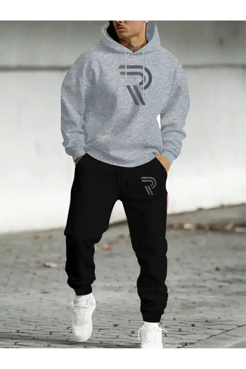 AEMİ Unisex R Printed Hooded Sweatshirt and Jogger Sweatpants - Bottom Top Set