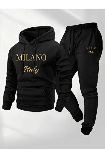 AEMİ Unisex Milano Printed Hooded Sweatshirt and Jogger Sweatpants - Top and Bottom Set