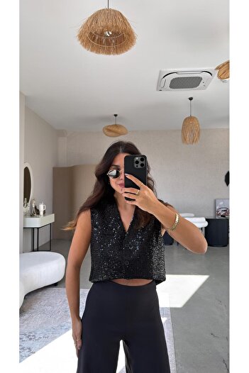 Buket Teke Black Sequined Premium Lined Vest