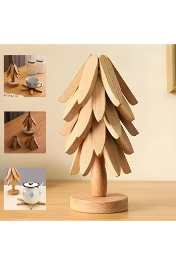 EVİMDM Set of 4 Wooden Pine Design Foldable Trivets with Stand