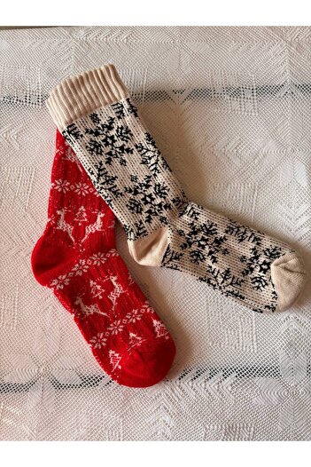 İNSPİRA Snowflake and Deer Patterned Cotton Thick New Year Themed Socks