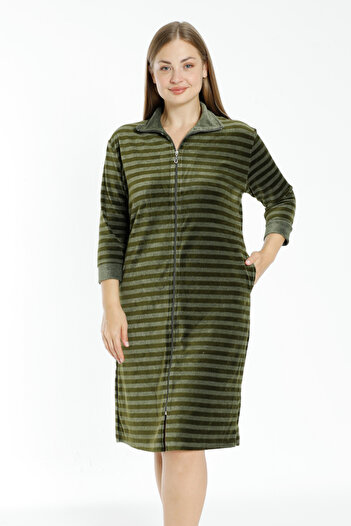 İntensive Striped Velvet Large Size Cotton Velvet Dress with Zipper Pockets
