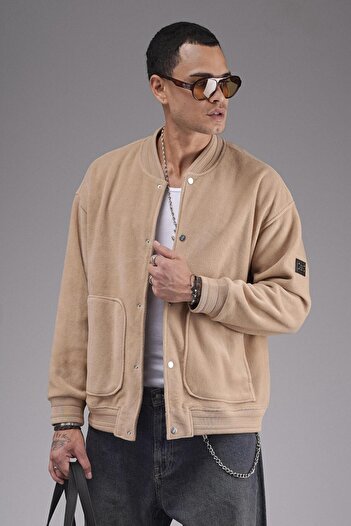 Butik Trend Biz College Collar Snap Closure Oversize Fleece Jacket