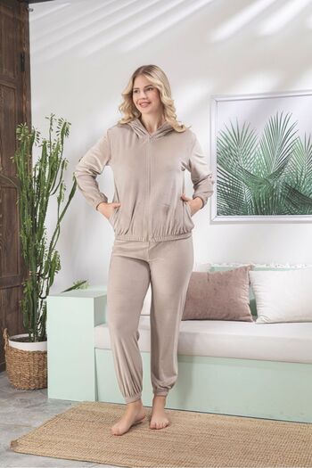 Asel Women's Hooded Beige Color Velvet Long Sleeve Elastic Set