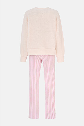 Dagi Ecru Embroidered Fleece T-Shirt Pants Pajama Set
