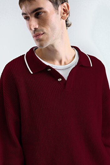 GIESTO Gold Buttoned Contrast Striped Polo Neck Burgundy Sweater